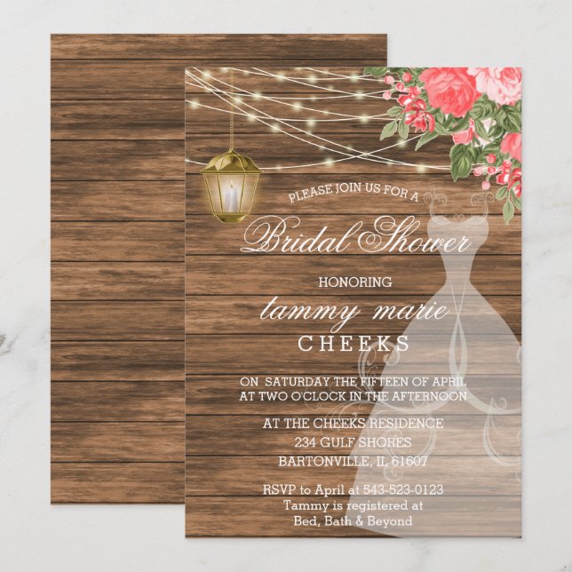 Invitation Fête des mariées rustique en bois de grange - Cora (Devant / Derrière)