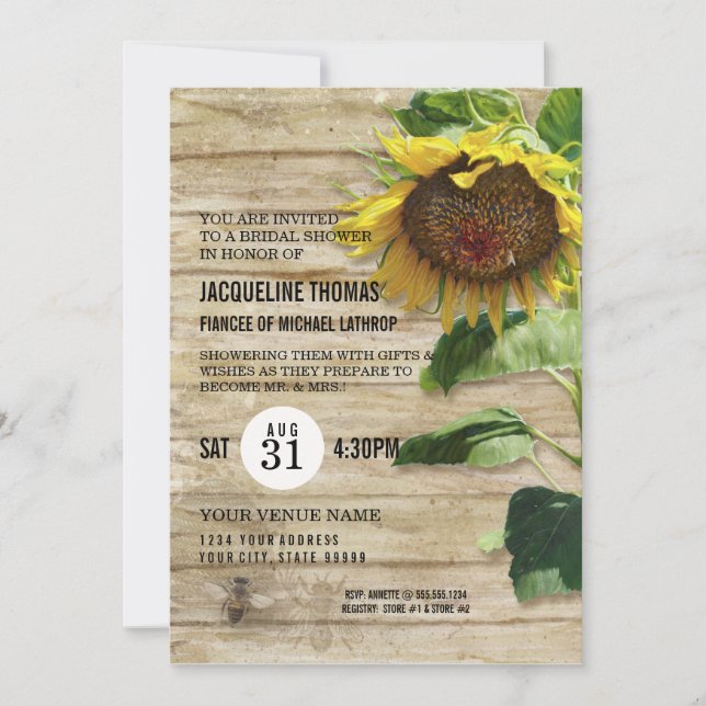 Invitation Fête des mariées Rustique Floral Sunflower Wood Be (Devant)