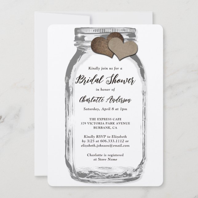 Invitation Fête des mariées Rustique Kraft Mason Jar Burlap H (Devant)
