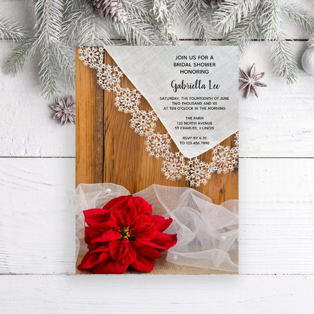 Invitation Fête des mariées rustique Poinsettia et dentelle d (Invite guests to your wintery December celebration with this rustic Bridal Shower Invitation. )