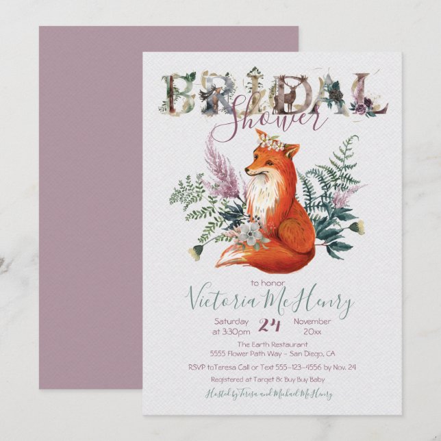 Invitation Fête des mariées rustique Watercolor Forest Fox (Devant / Derrière)