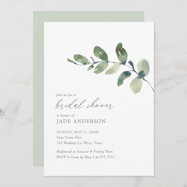 Invitation Fête des mariées simple d'Eucalyptus aquarelle (Devant / Derrière)