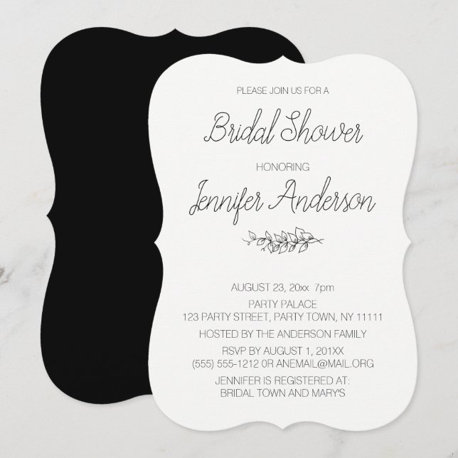 Invitation Fête des mariées simple Elegance noir blanc (Devant / Derrière)