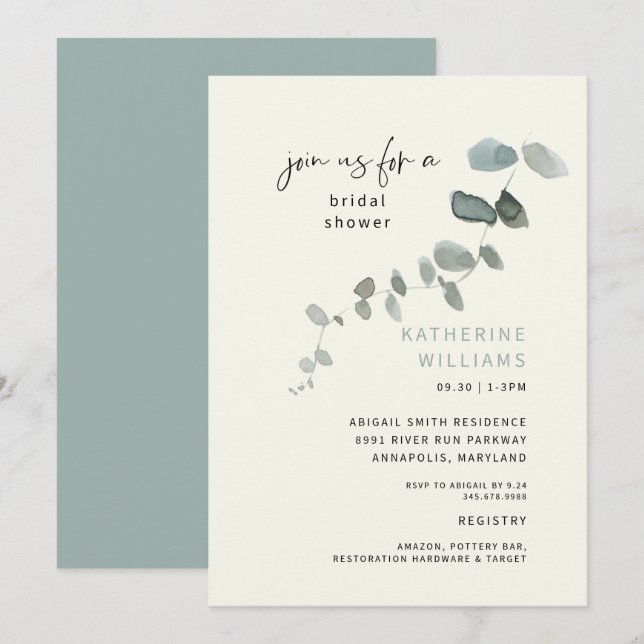 Invitation Fête des mariées simple Eucalyptus Turquoise et cr (Devant / Derrière)