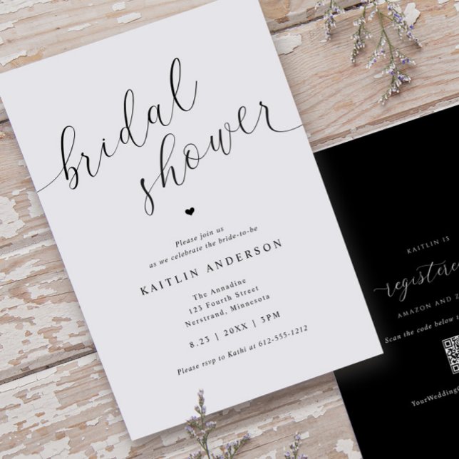 Invitation Fête des mariées simple moderne (Modern Bridal Shower Invitations - Black and White Calligraphy - Registry on Back)