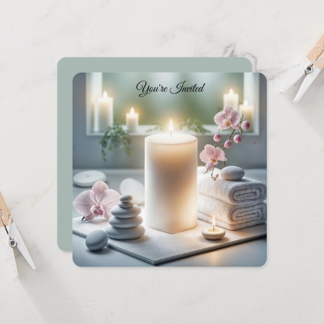Invitation Fête des mariées spa avec orchidées et bougies (Devant/Arrière en situation)