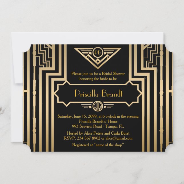 Invitation Fête des mariées, Style Gatsby, noir & or (Devant)