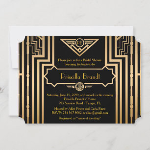 Invitation Fête des mariées, Style Gatsby, noir & or