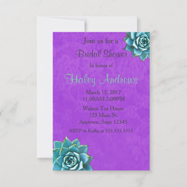 Invitation Fête des mariées Succulente Aquarelle Dentelle vio (Devant)