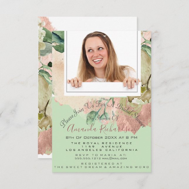 Invitation Fête des mariées sucré 16e pinceau à menthe floral (Devant / Derrière)