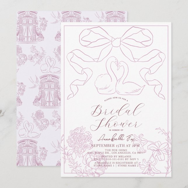 Invitation Fête des mariées Swan Pink Toile de Jouy (Devant / Derrière)