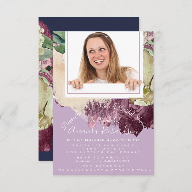 Invitation Fête des mariées Sweet 16ème Photo Marine Purple F (Devant / Derrière)