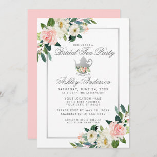 Invitation Fête des mariées Tea Party Argent rose Floral Invi