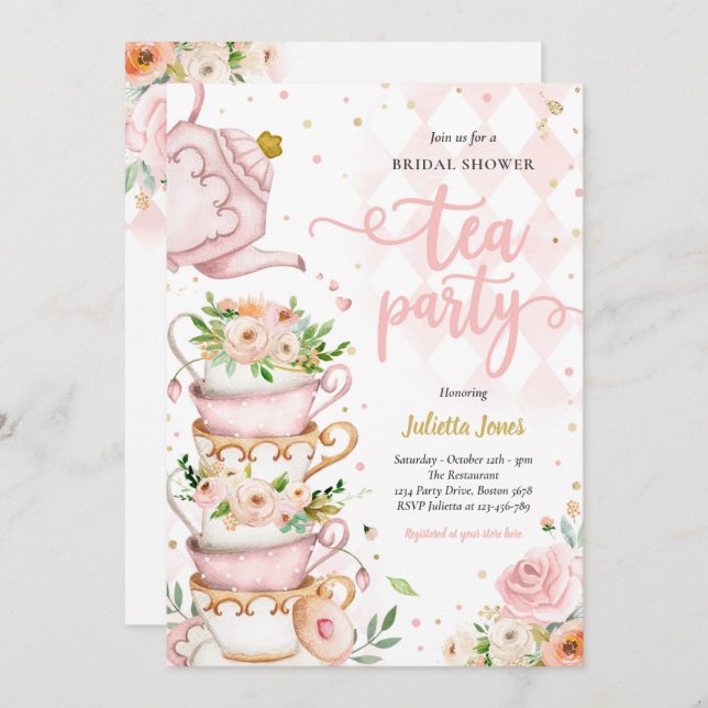 Invitation Fête des mariées Tea Party Blush rose et or Floral (Devant / Derrière)