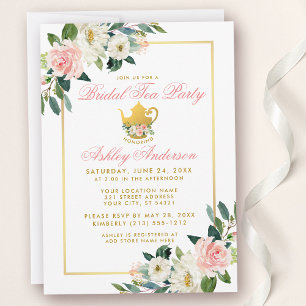 Invitation Fête des mariées Tea Party Gold rose Floral Invita