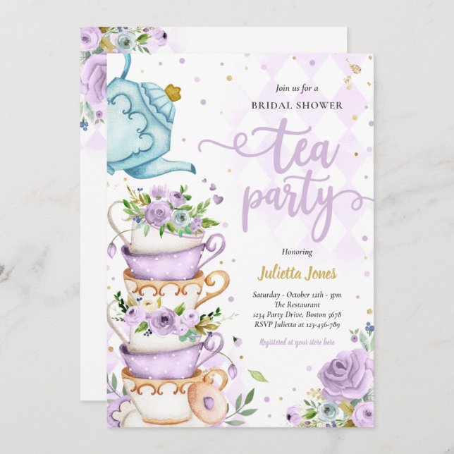 Invitation Fête des mariées Tea Party Purple Et Gold Floral (Devant / Derrière)