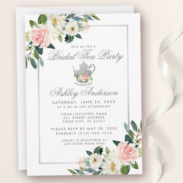 Invitation Fête des mariées Tea Party rose Floral Argent Invi (Customize to change text color or text style.)