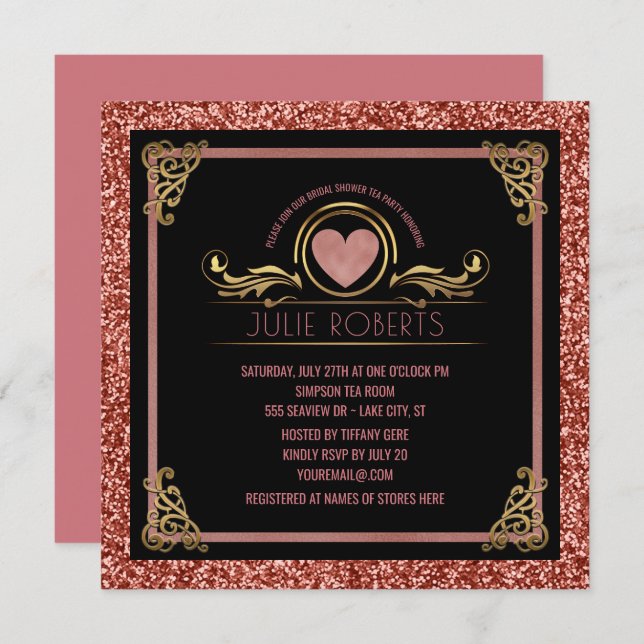 Invitation Fête des mariées Tea Party Rose Gold Heart Parties (Devant / Derrière)