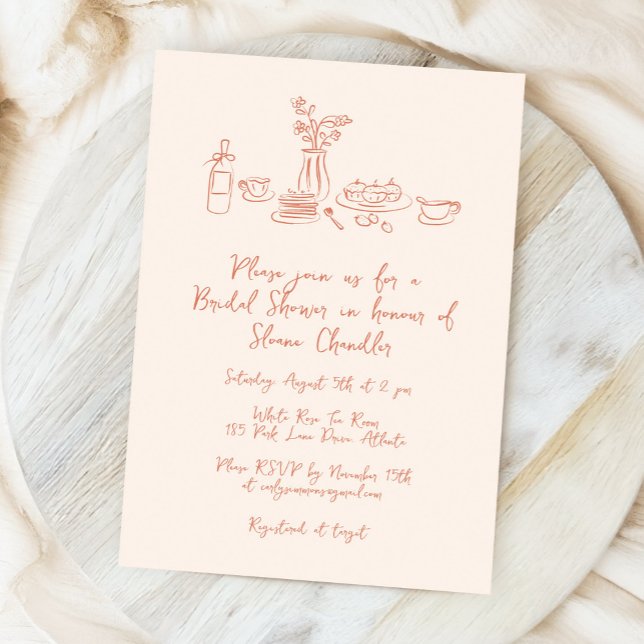 Invitation Fête des mariées tirée à la main par gribouillis l (whimsical food and drink doodles bridal shower invitation in light peach)