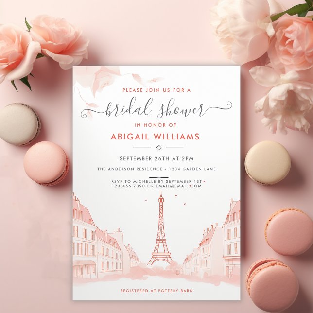 Invitation Fête des mariées Tour Eiffel Peach Rose Chic (Front - Chic Peach Pink Photo Eiffel Tower Bridal Shower Invitation)