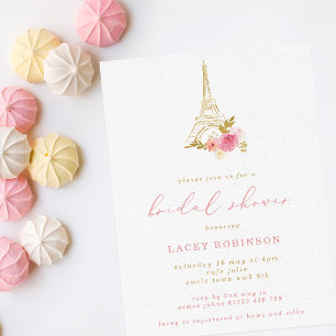 Invitation Fête des mariées tour Eiffel rose & or Floral