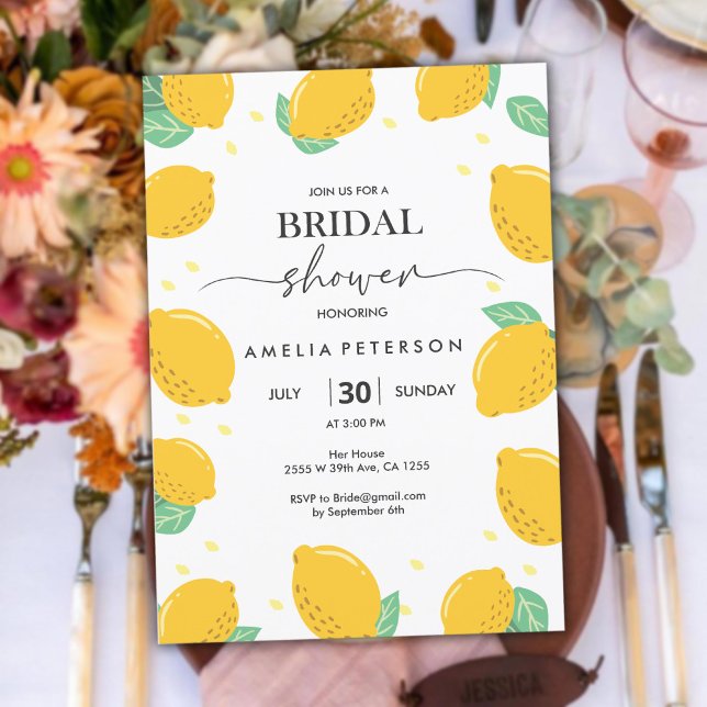 Invitation Fête des mariées Tropical Fresh Lemon Script (Tropical Fresh Lemon Script Bridal Shower Invitation)