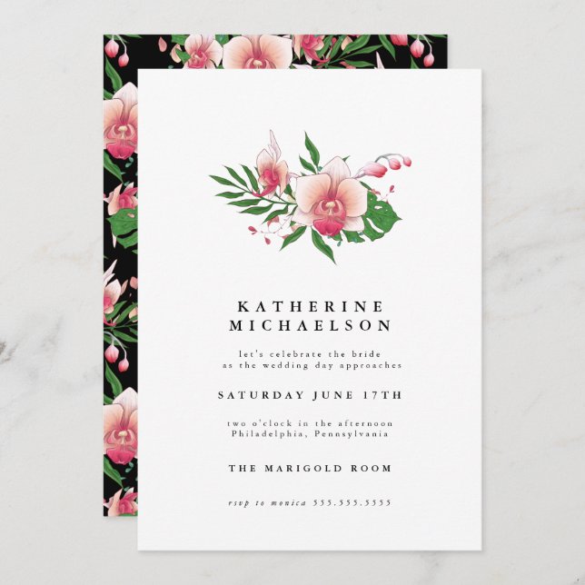 Invitation FÊTE DES MARIÉES | Tropical Pink Orchid Floral (Devant / Derrière)