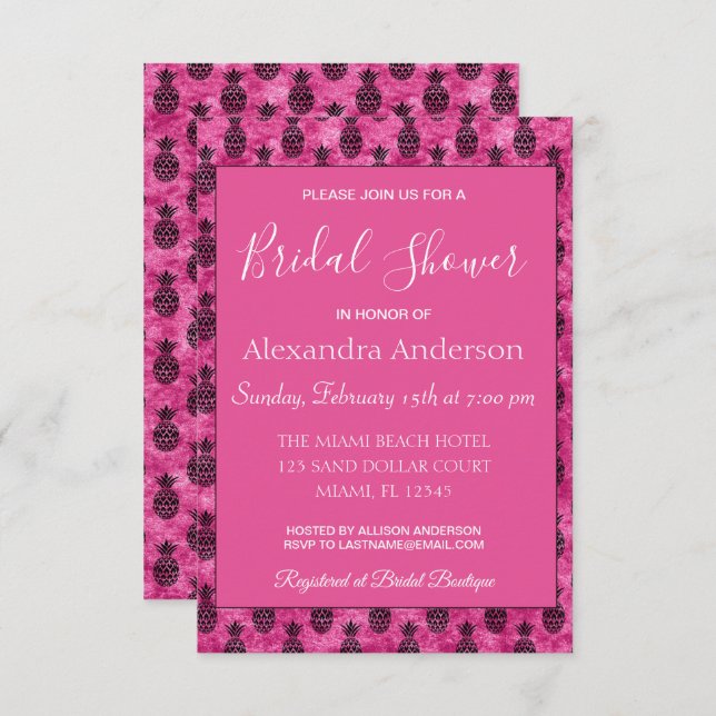 Invitation Fête des mariées tropicale à ananas rose chaud (Devant / Derrière)
