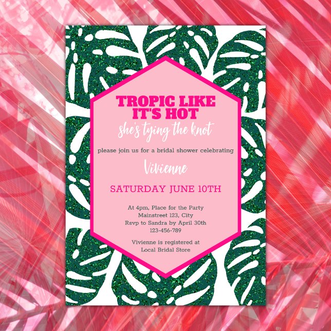 Invitation Fête des mariées tropicale Parties scintillant ros (tropical bridal shower tropic like its' hot she's tying the knot pink glitter monstera destination)