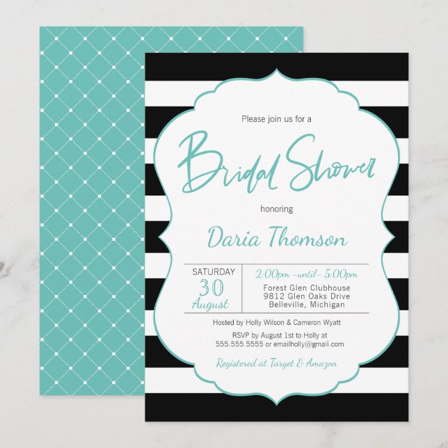 Invitation Fête des mariées Turquoise à bande noire et blanch (Devant / Derrière)