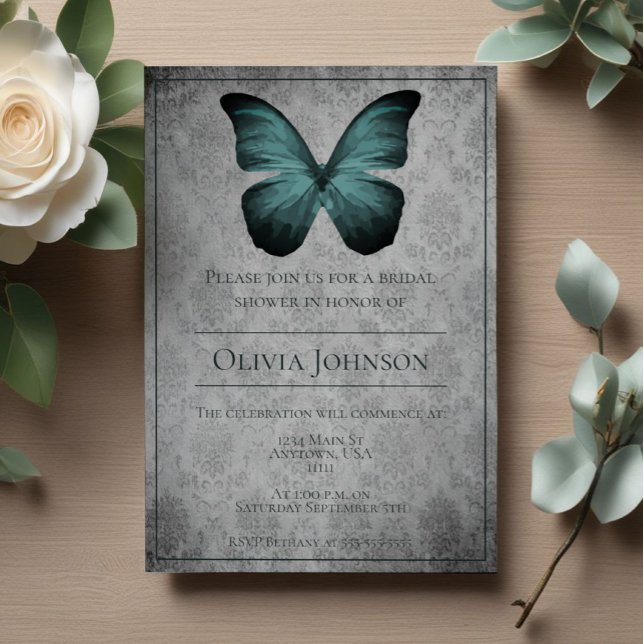 Invitation Fête des mariées turquoise de Damas papillon Vinta (Teal Vintage Butterfly Damask Bridal Shower Invitation)