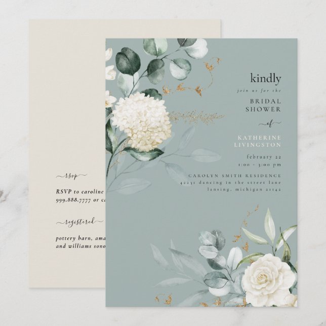 Invitation Fête des mariées turquoise Elegance White Hydrange (Devant / Derrière)