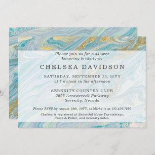 Invitation Fête des mariées Turquoise & Gold Marble Swirl Geo