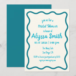 Invitation Fête des mariées Turquoise rétro-bordure Wavy manu