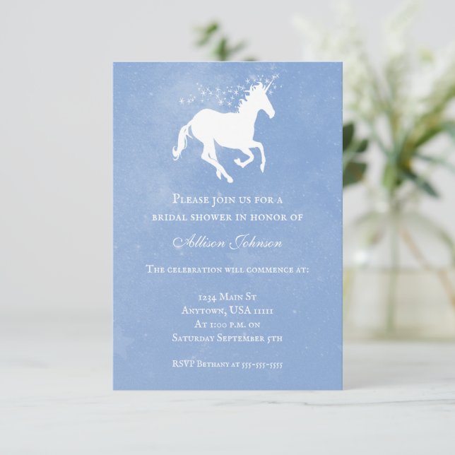 Invitation Fête des mariées Unicorn bleu (Debout devant)