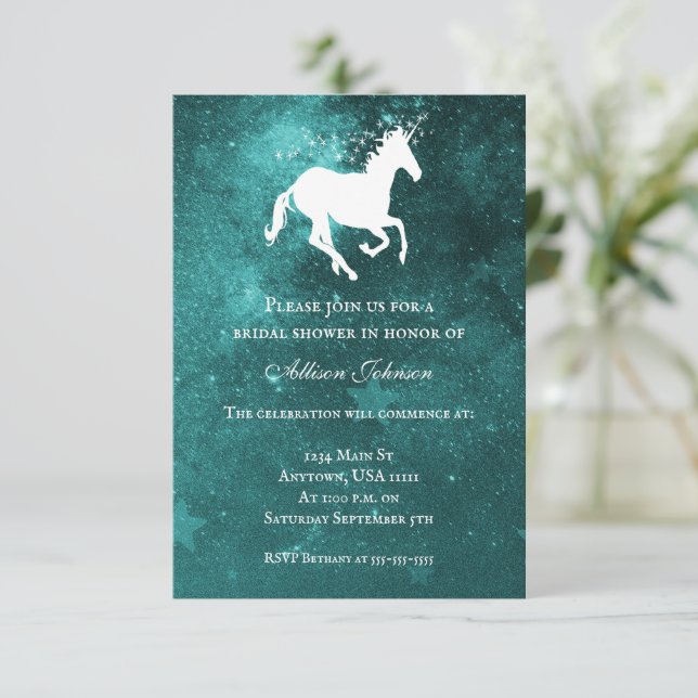 Invitation Fête des mariées Unicorn turquoise (Debout devant)