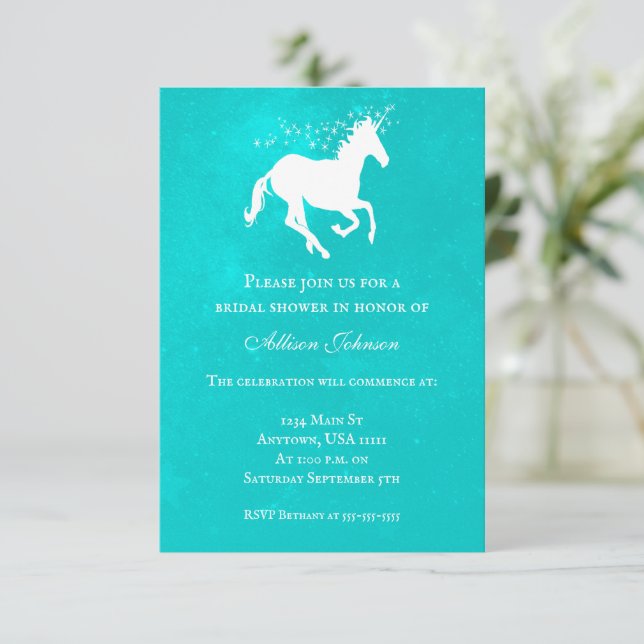 Invitation Fête des mariées Unicorn Turquoise (Debout devant)