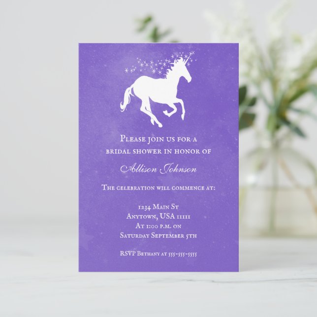 Invitation Fête des mariées Unicorn violet (Debout devant)