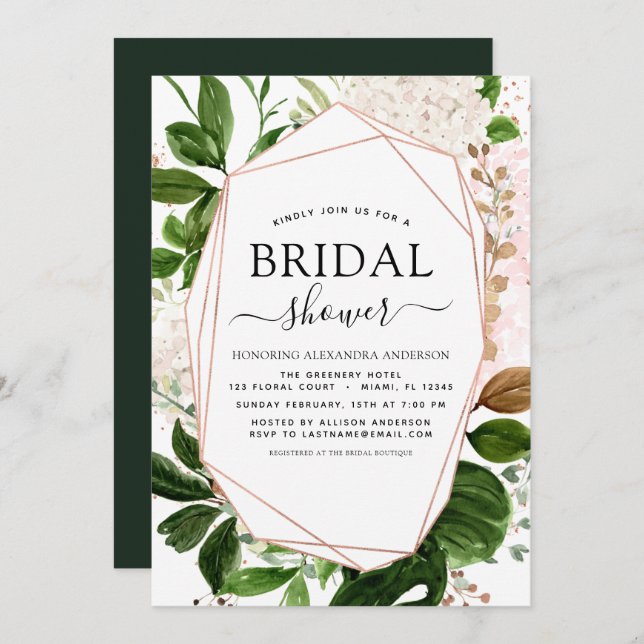 Invitation Fête des mariées Verdure Rose Or Géométrique (Devant / Derrière)