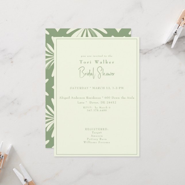 Invitation Fête des mariées verte Boho (Devant/Arrière en situation)