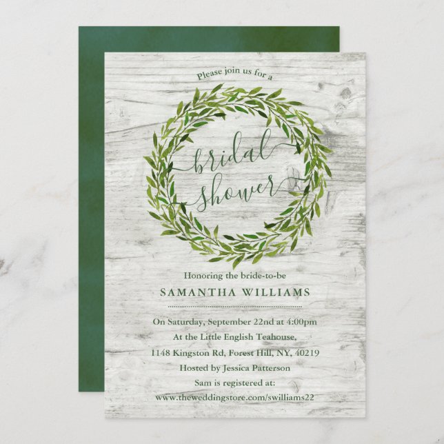 Invitation Fête des mariées verte branchée Laurel Wreath (Devant / Derrière)