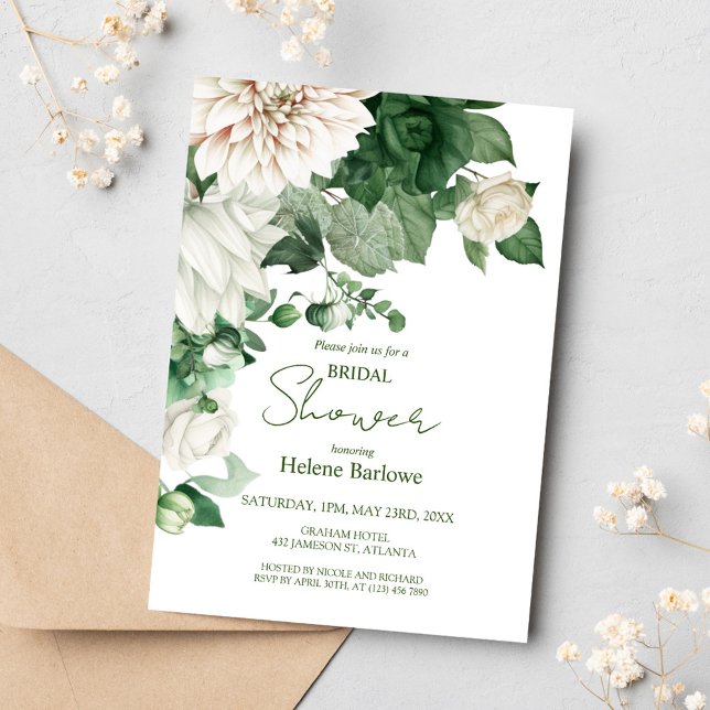 Invitation Fête des mariées verte d'émeraude fleurie moderne (Modern Floral Emerald Green Bridal Shower Invitation)