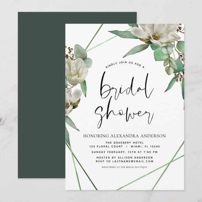 Invitation Fête des mariées verte Magnolia (Devant / Derrière)