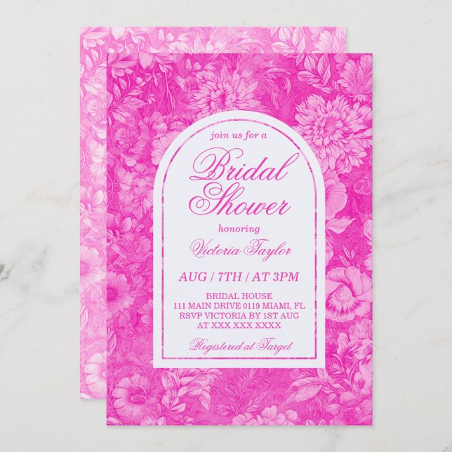 Invitation Fête des mariées victorienne rose magenta (Devant / Derrière)