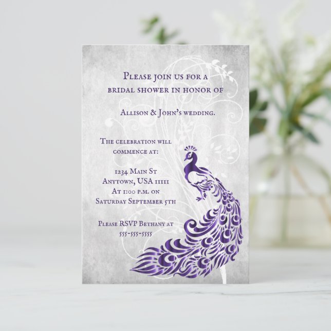 Invitation Fête des mariées vigne violet Peacock Leaf Invitat (Debout devant)