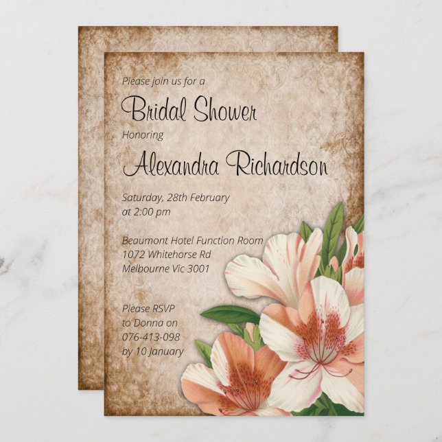 Invitation Fête des mariées vintage Apricot Lilies (Devant / Derrière)