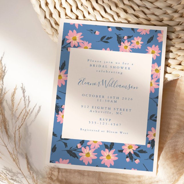 Invitation Fête des mariées vintage Boho bleu rose (Créateur téléchargé)