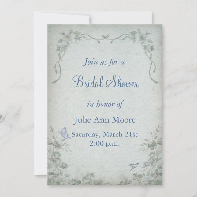 Invitation Fête des mariées vintage Floral Bleu (Devant)
