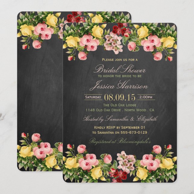 Invitation Fête des mariées vintage Floral Chalkboard (Devant / Derrière)