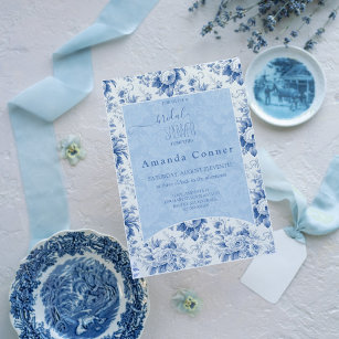 Invitation Fête des mariées vintage Florale Toile Bleu